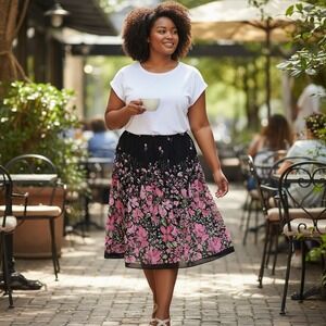 Plus Sz 18 Black Pink Floral‎ A-Line Midi Skirt Elastic Waist Romantic Boho